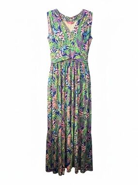 Lilly Pulitzer Maxi Dress Sleeveless Tropical Print Dress in Green & Pink Size L